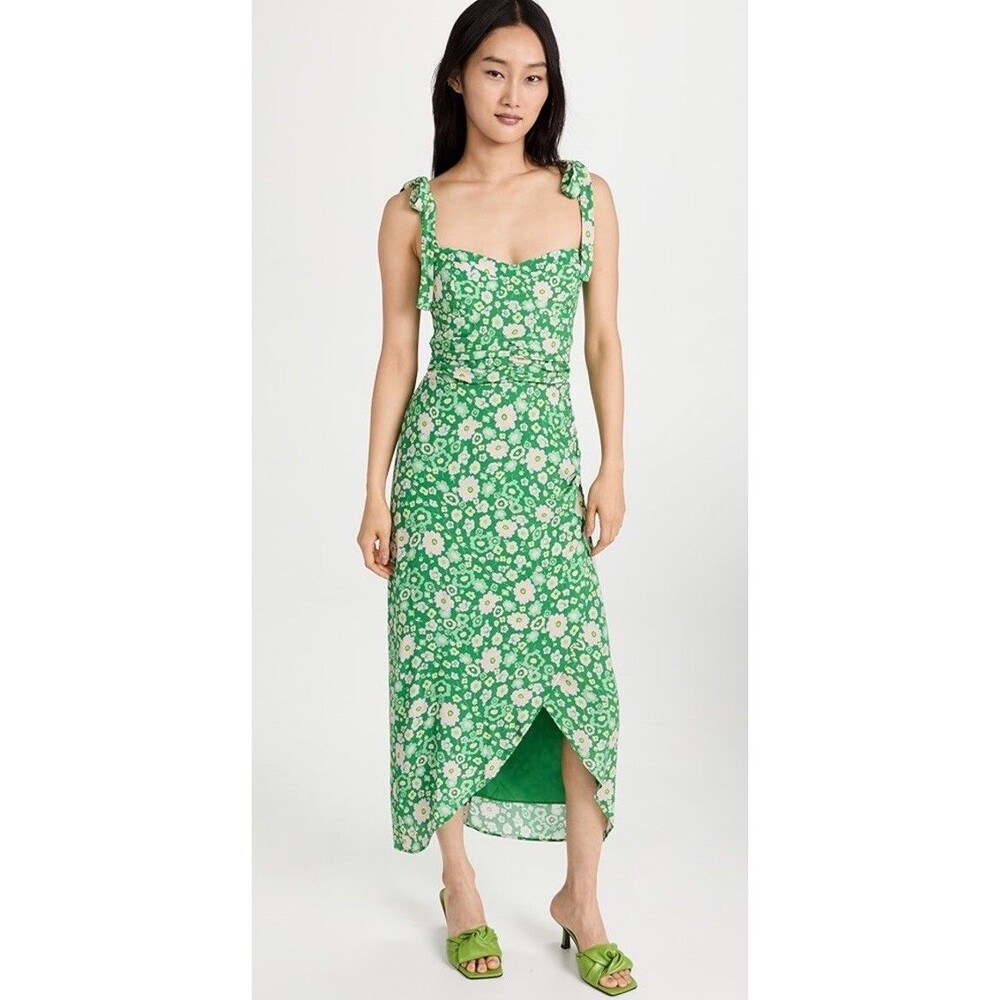 Wayf Size Large Green Floral Faux Wrap Dress With Tie Shoulders